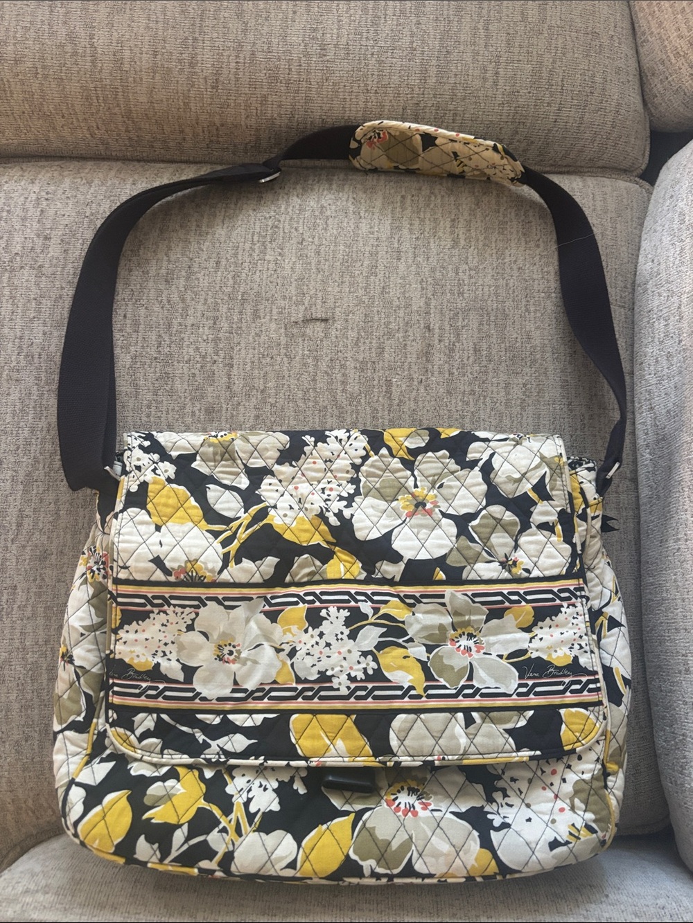 Vera Bradley Quilted Floral Messenger Bag in Yellow and Black